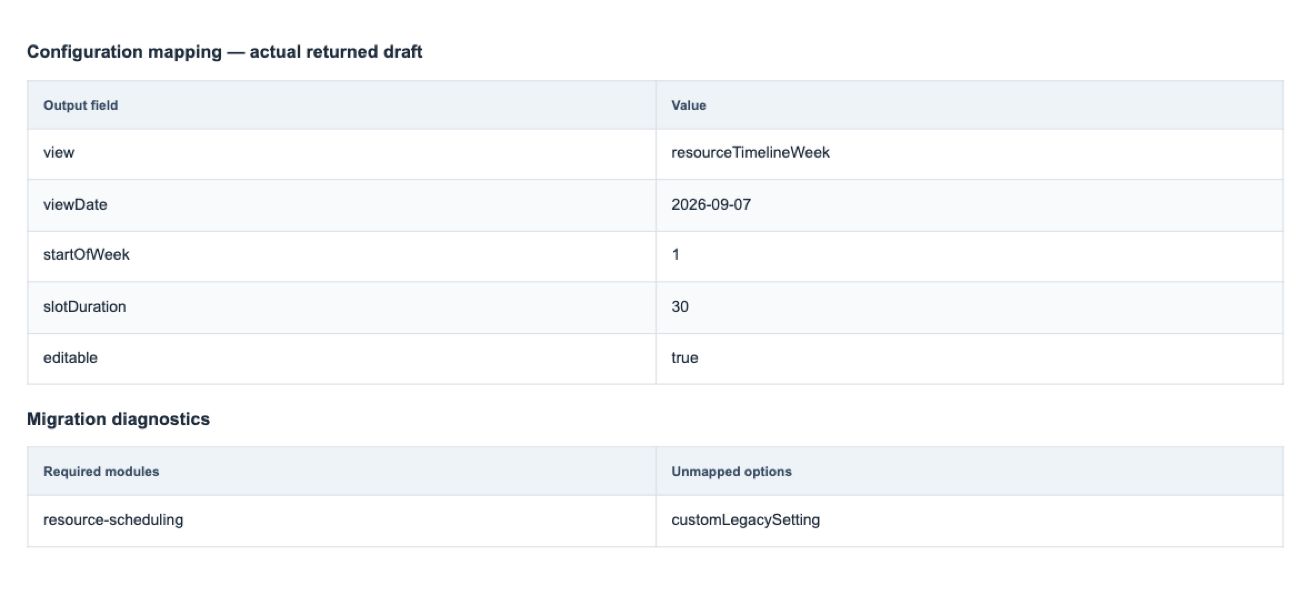 Configuration migration assistant — Screenshot of actual package API results with sample data. The read-only result table is application-owned; this feature does not provide this screen as built-in UI. Preview build: @wts-calendar/core@1.1.0 (unpublished).