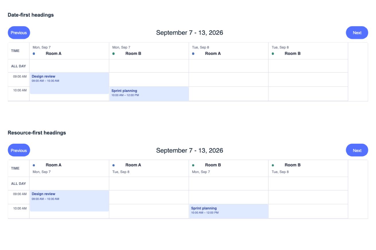 Dates above resources — Screenshot of the actual WTS Calendar package with sample data. Static image, not a live demo. Preview build: @wts-calendar/core@1.1.0 (unpublished).