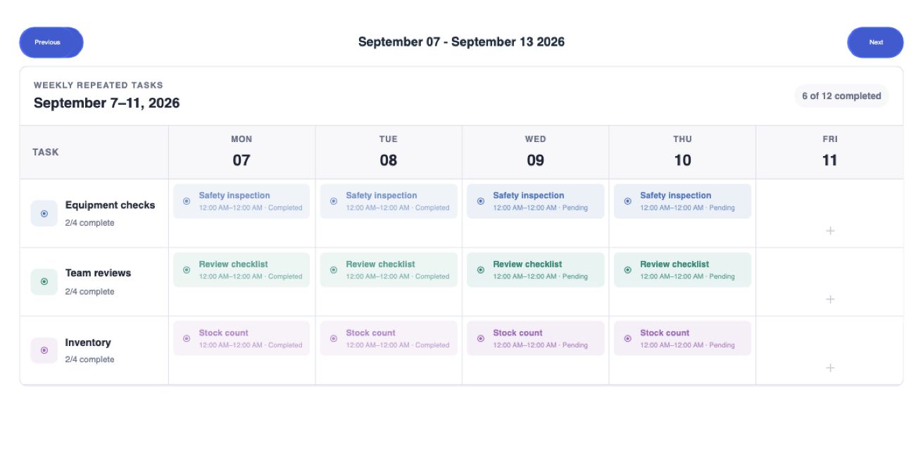 Repeated-task views — Screenshot of the actual WTS Calendar package with sample data. Static image, not a live demo. Preview build: @wts-calendar/core@1.1.0 (unpublished).