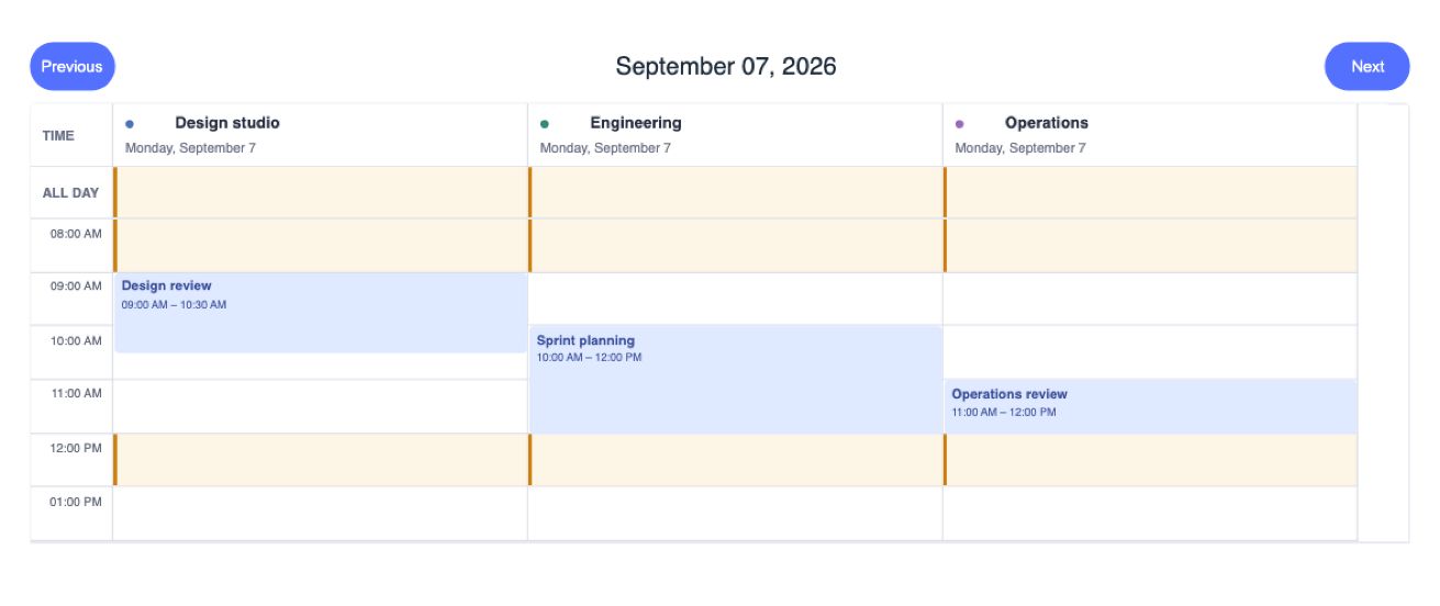 Resource availability & assignment — Screenshot of the actual WTS Calendar package with sample data. Static image, not a live demo. Preview build: @wts-calendar/core@1.1.0 (unpublished).