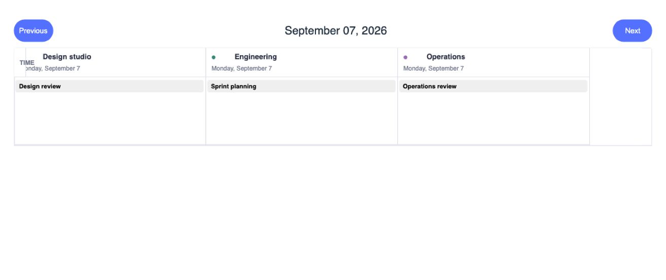 Resource DayGrid — Screenshot of the actual WTS Calendar package with sample data. Static image, not a live demo. Preview build: @wts-calendar/core@1.1.0 (unpublished).