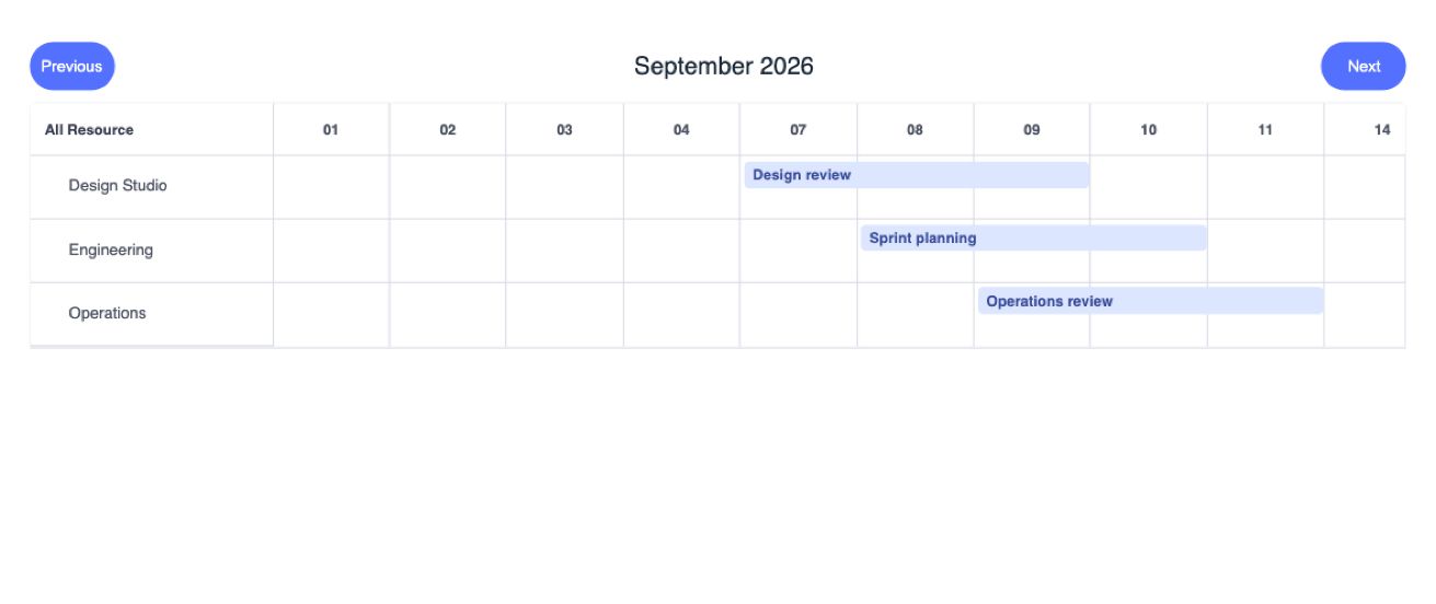 Resource grid — Screenshot of the actual WTS Calendar package with sample data. Static image, not a live demo. Preview build: @wts-calendar/core@1.1.0 (unpublished).