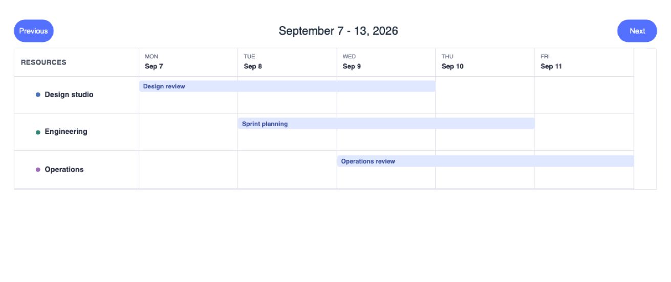 Resource & non-resource timeline — Screenshot of the actual WTS Calendar package with sample data. Static image, not a live demo. Preview build: @wts-calendar/core@1.1.0 (unpublished).