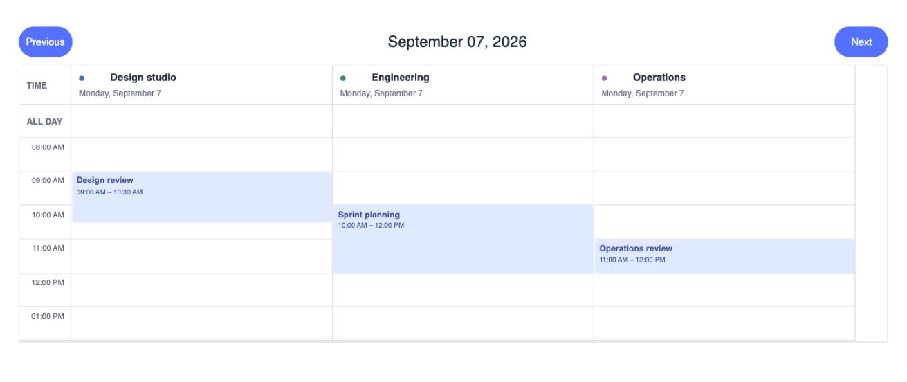 Resource TimeGrid — Screenshot of the actual WTS Calendar package with sample data. Static image, not a live demo. Preview build: @wts-calendar/core@1.1.0 (unpublished).